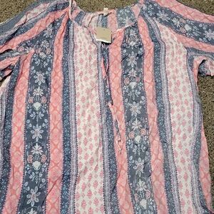 Crown & Ivy Floral Striped Blouse - Pink and Blue